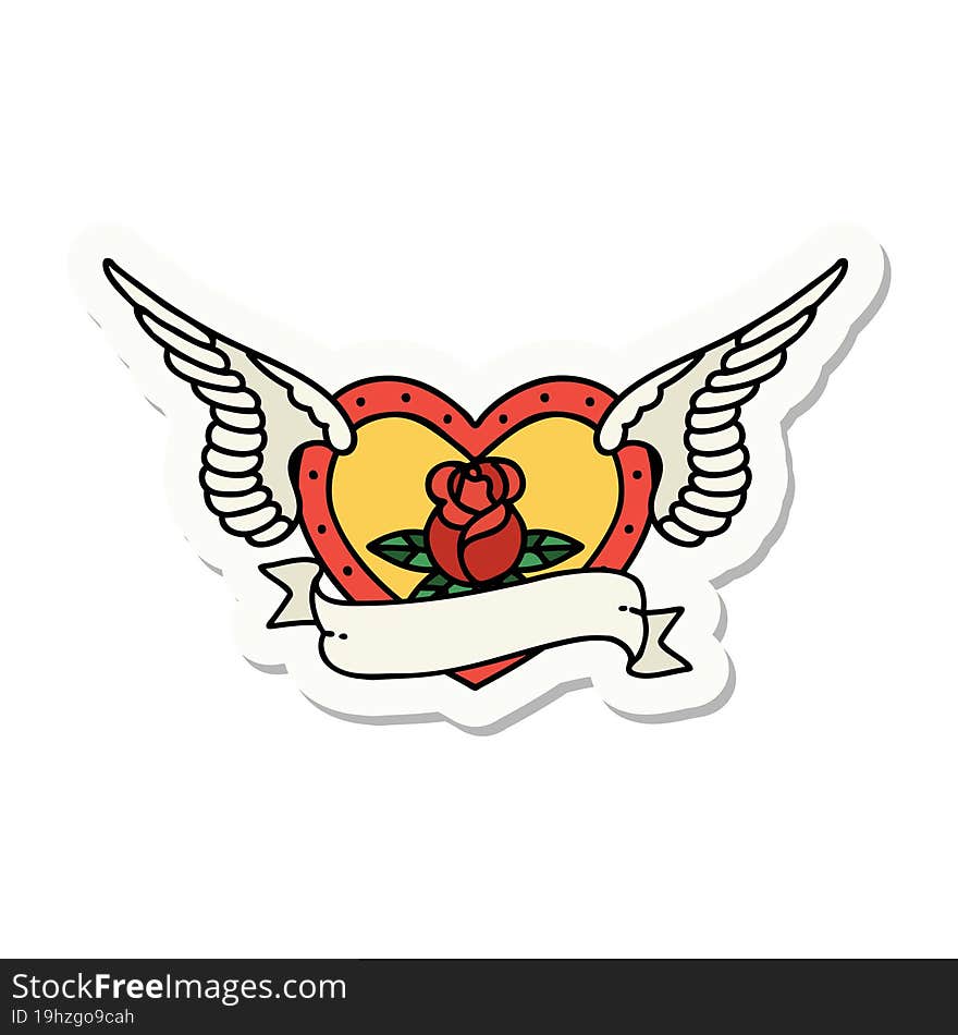 sticker of tattoo in traditional style of a flying heart with flowers and banner. sticker of tattoo in traditional style of a flying heart with flowers and banner