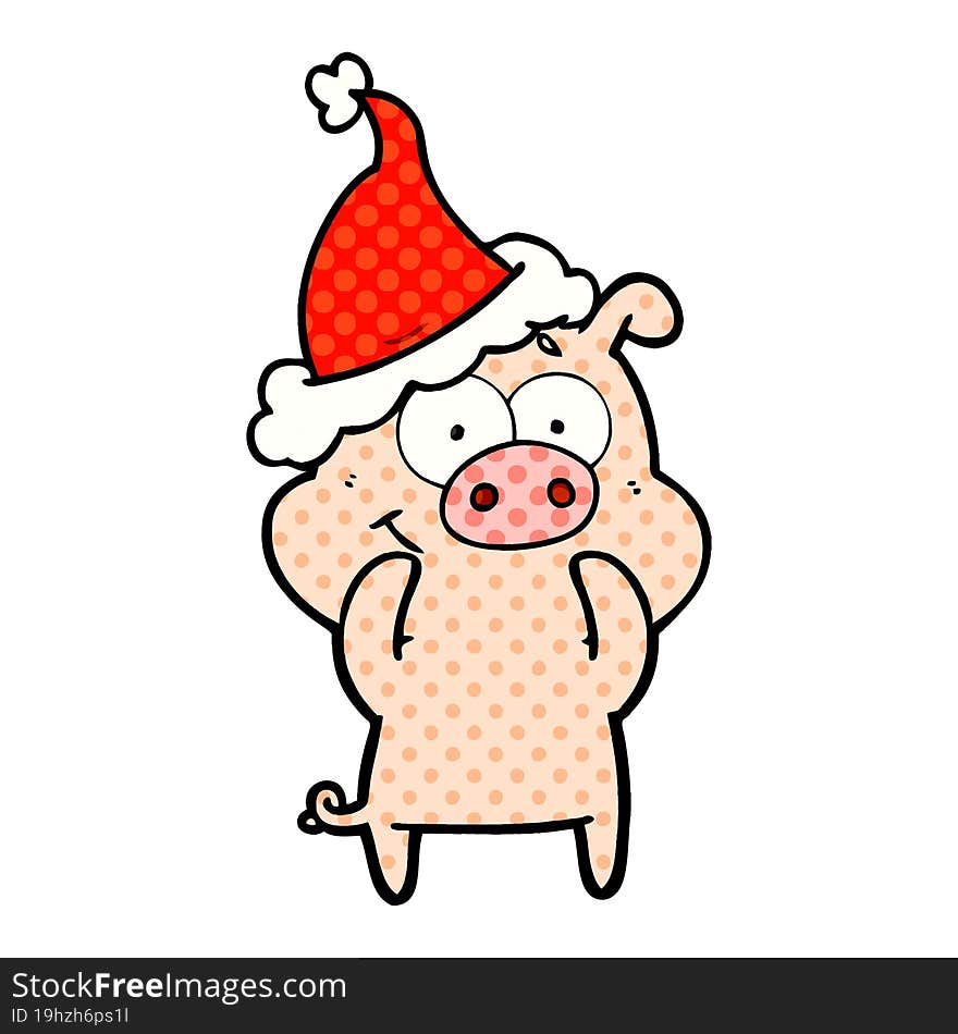 happy comic book style illustration of a pig wearing santa hat