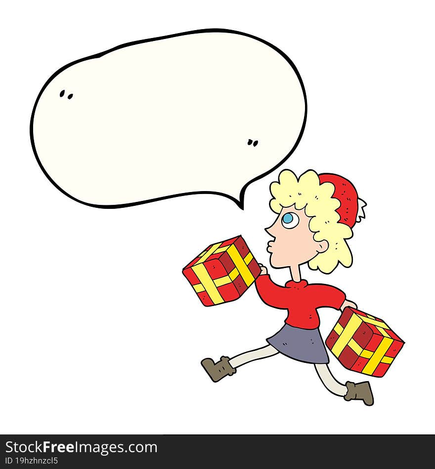 speech bubble cartoon running woman with presents