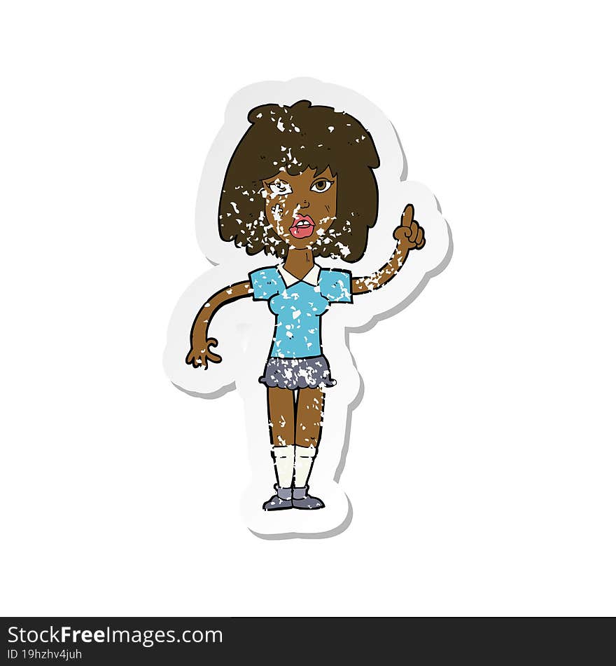 Retro Distressed Sticker Of A Cartoon Tough Woman With Idea