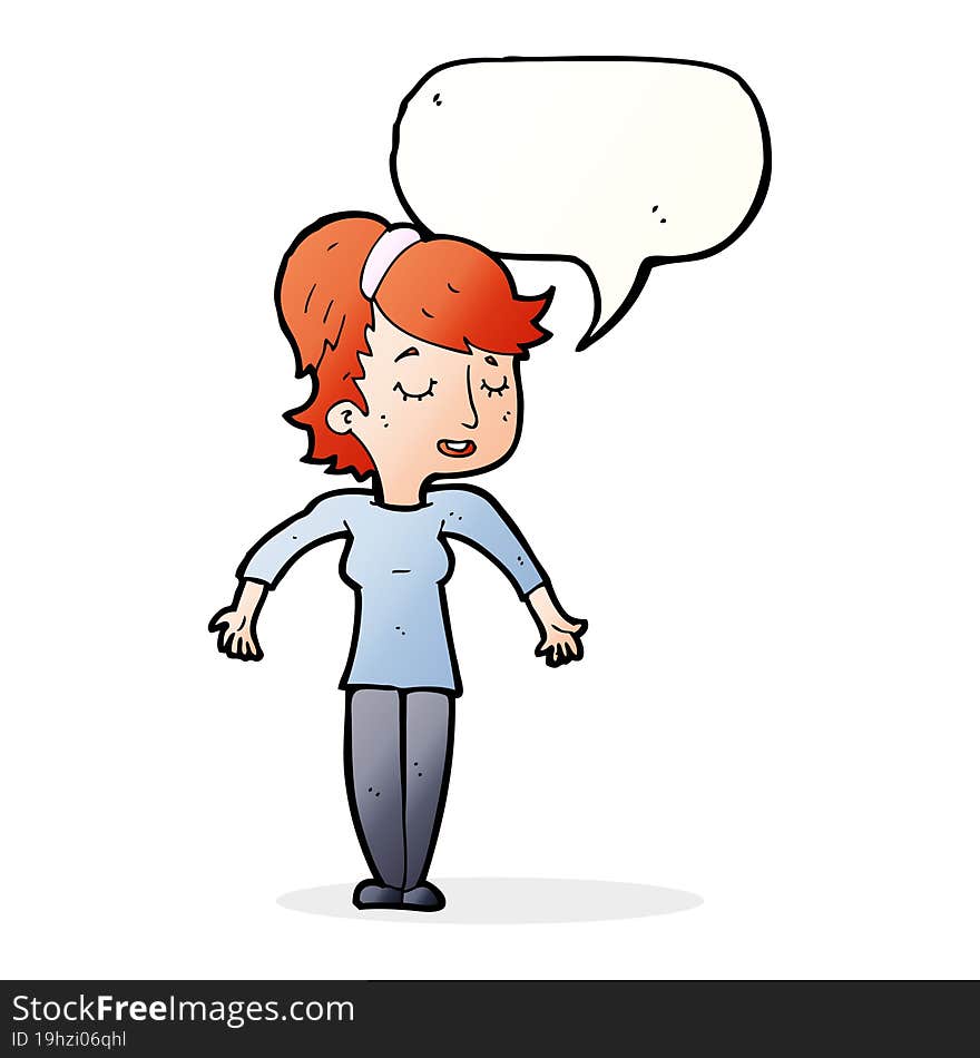 cartoon friendly woman shrugging shoulders with speech bubble