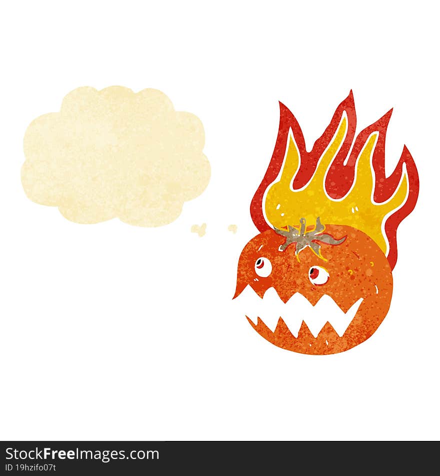 cartoon flaming pumpkin with thought bubble