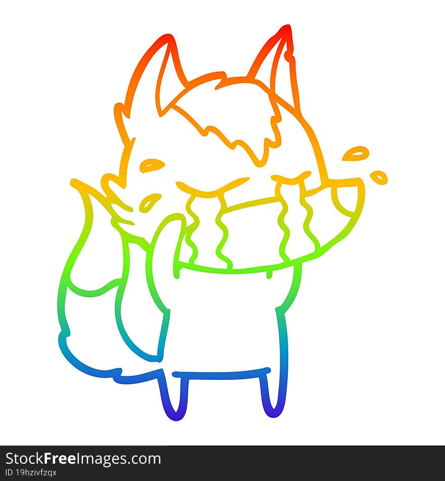 rainbow gradient line drawing of a cartoon crying wolf