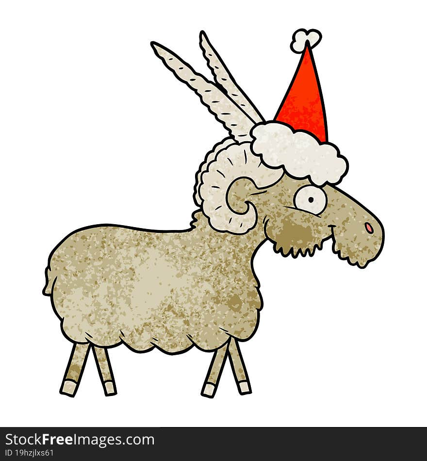 hand drawn textured cartoon of a goat wearing santa hat