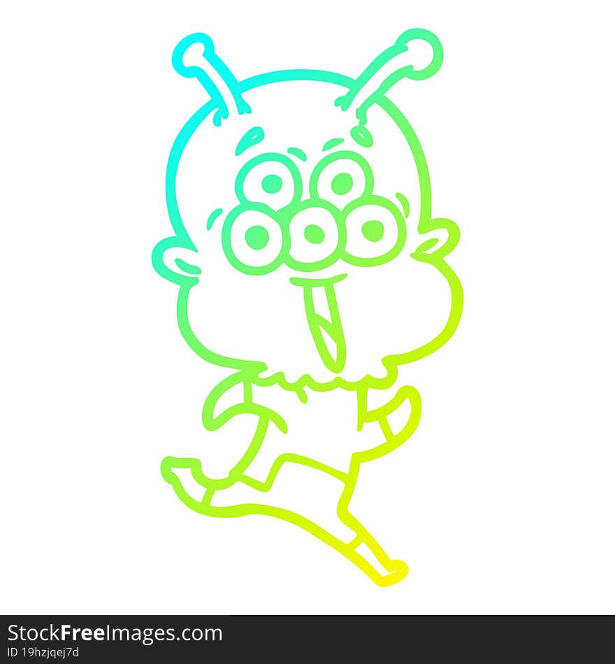 cold gradient line drawing happy cartoon alien running