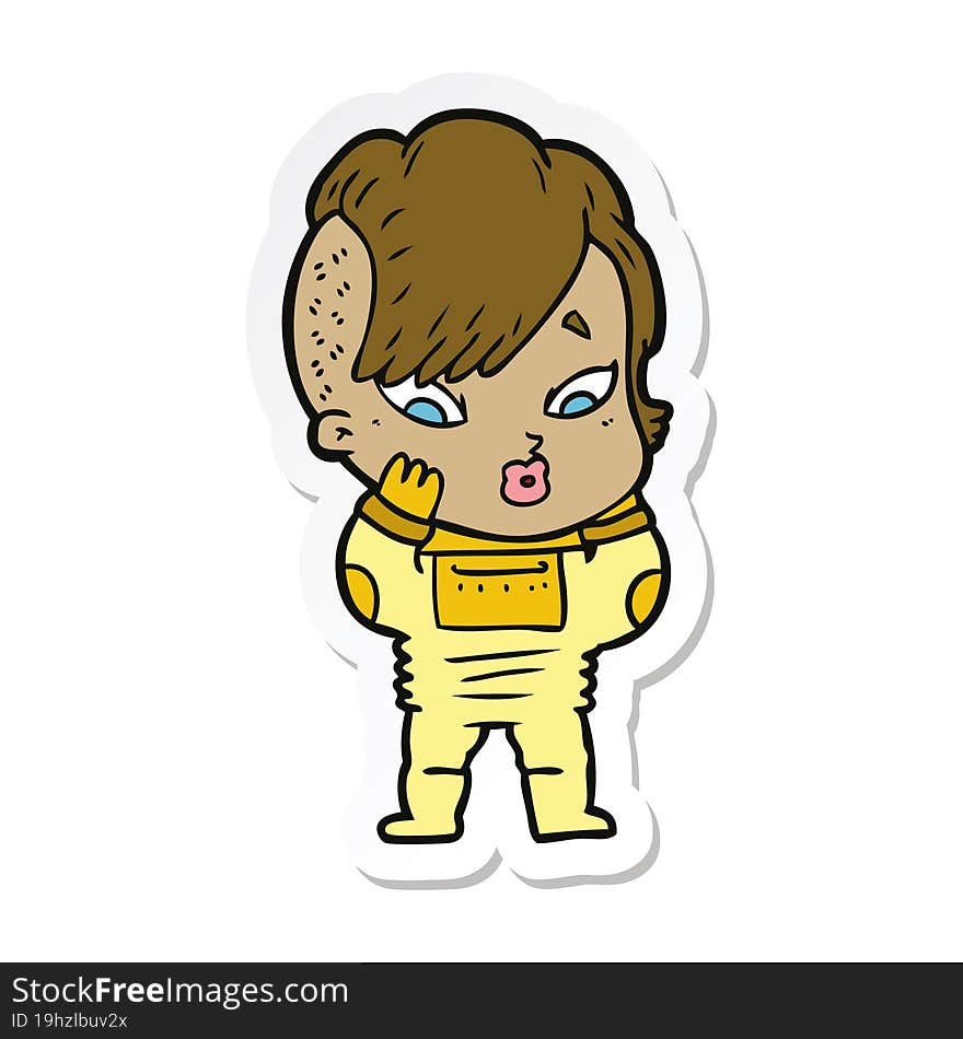 sticker of a cartoon surprised girl in science fiction clothes