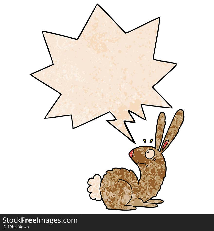 cartoon startled bunny rabbit with speech bubble in retro texture style