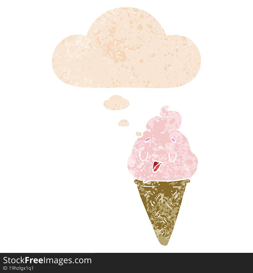 Cute Cartoon Ice Cream And Thought Bubble In Retro Textured Style