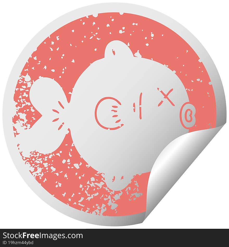 quirky distressed circular peeling sticker symbol fish