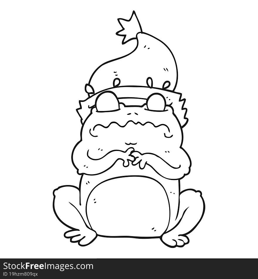 Black And White Cartoon Frog In Christmas Hat