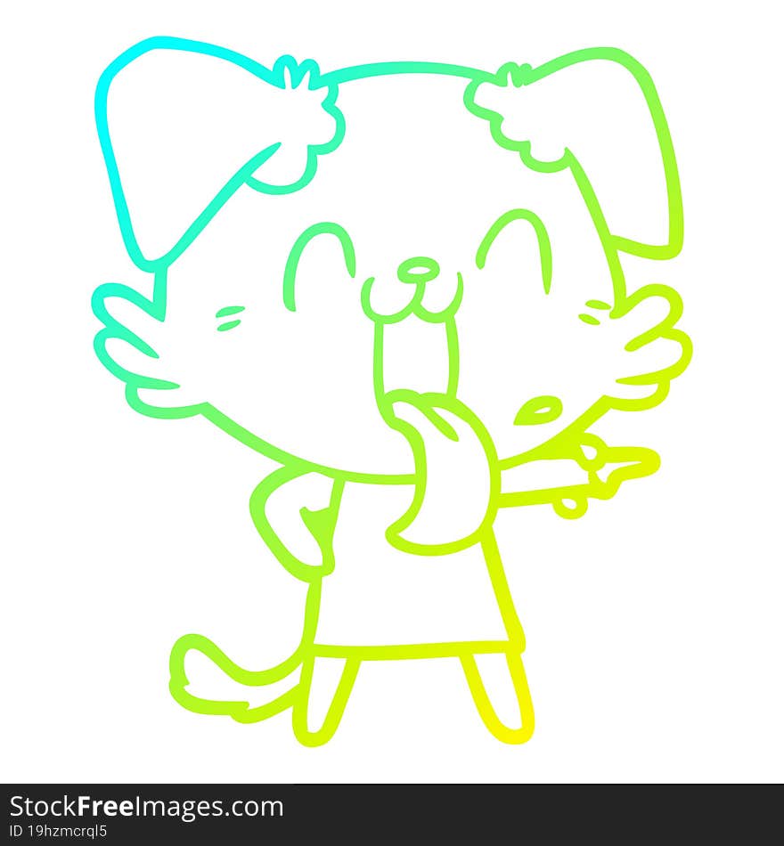 cold gradient line drawing of a cartoon panting dog in dress