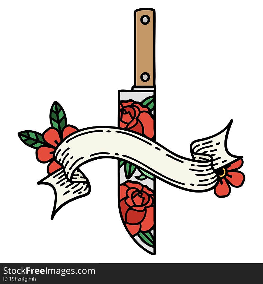 traditional tattoo with banner of a dagger and flowers