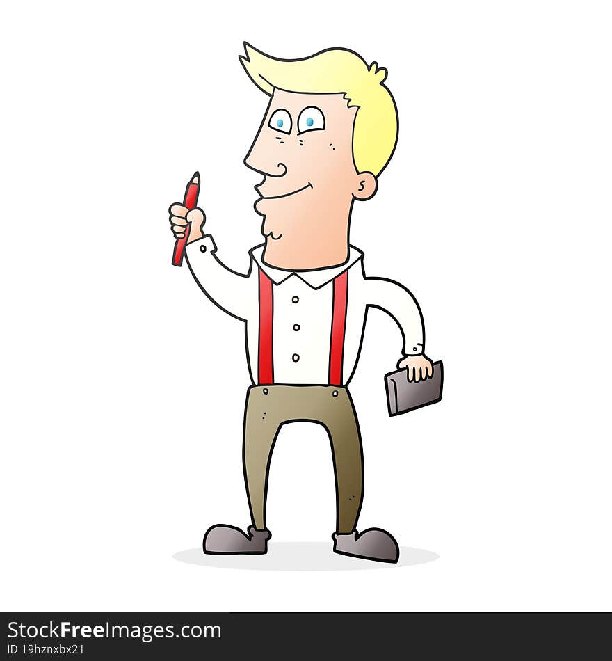 cartoon man with notebook and pen