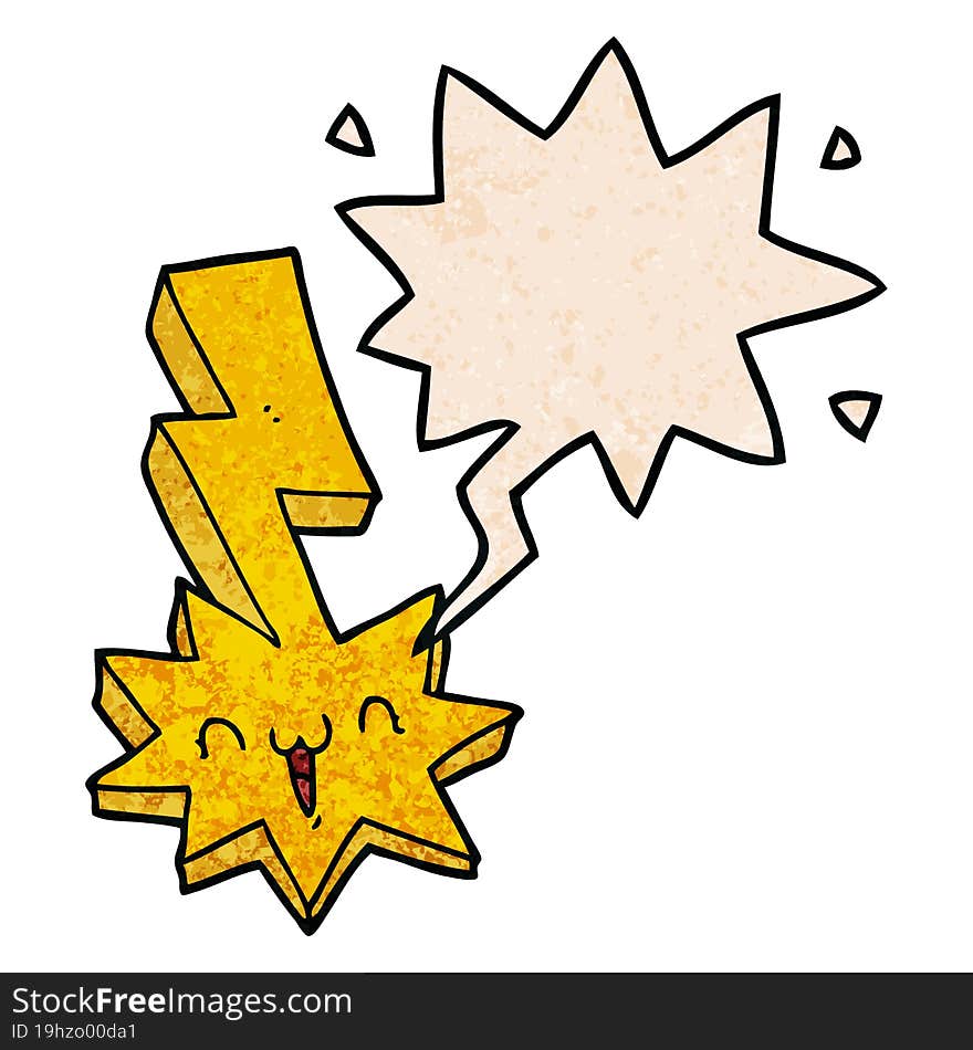 cartoon lightning bolt and speech bubble in retro texture style