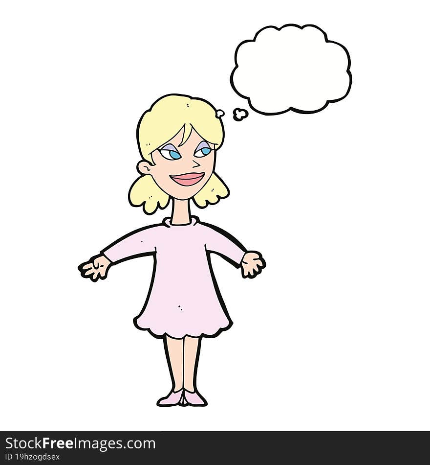 cartoon woman with open arms with thought bubble