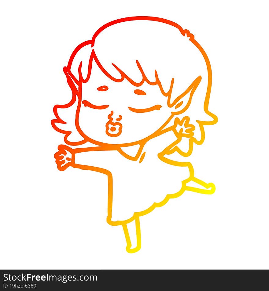 warm gradient line drawing of a pretty cartoon elf girl dancing