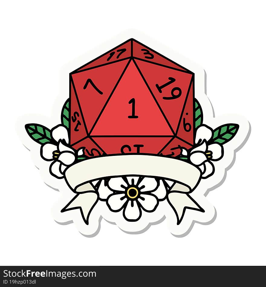 sticker of a natural one d20 dice roll. sticker of a natural one d20 dice roll