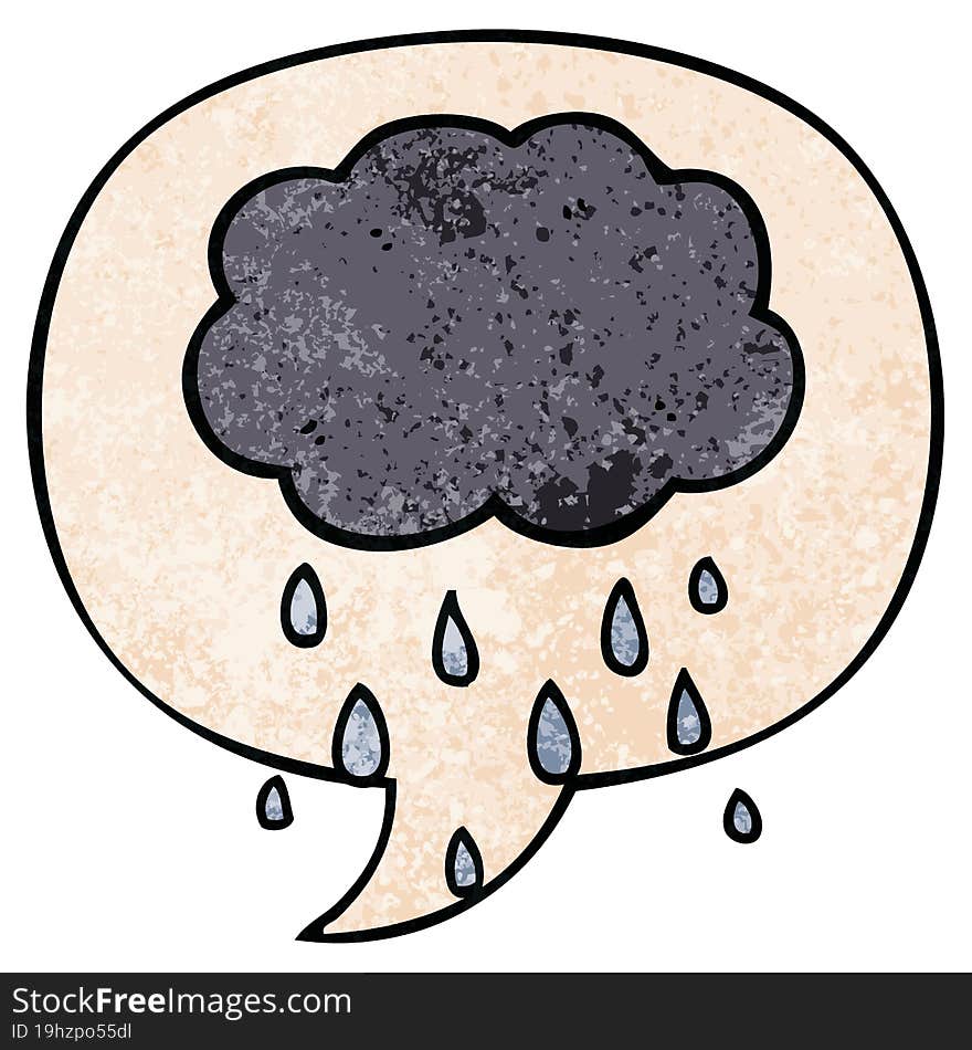 cartoon cloud raining and speech bubble in retro texture style