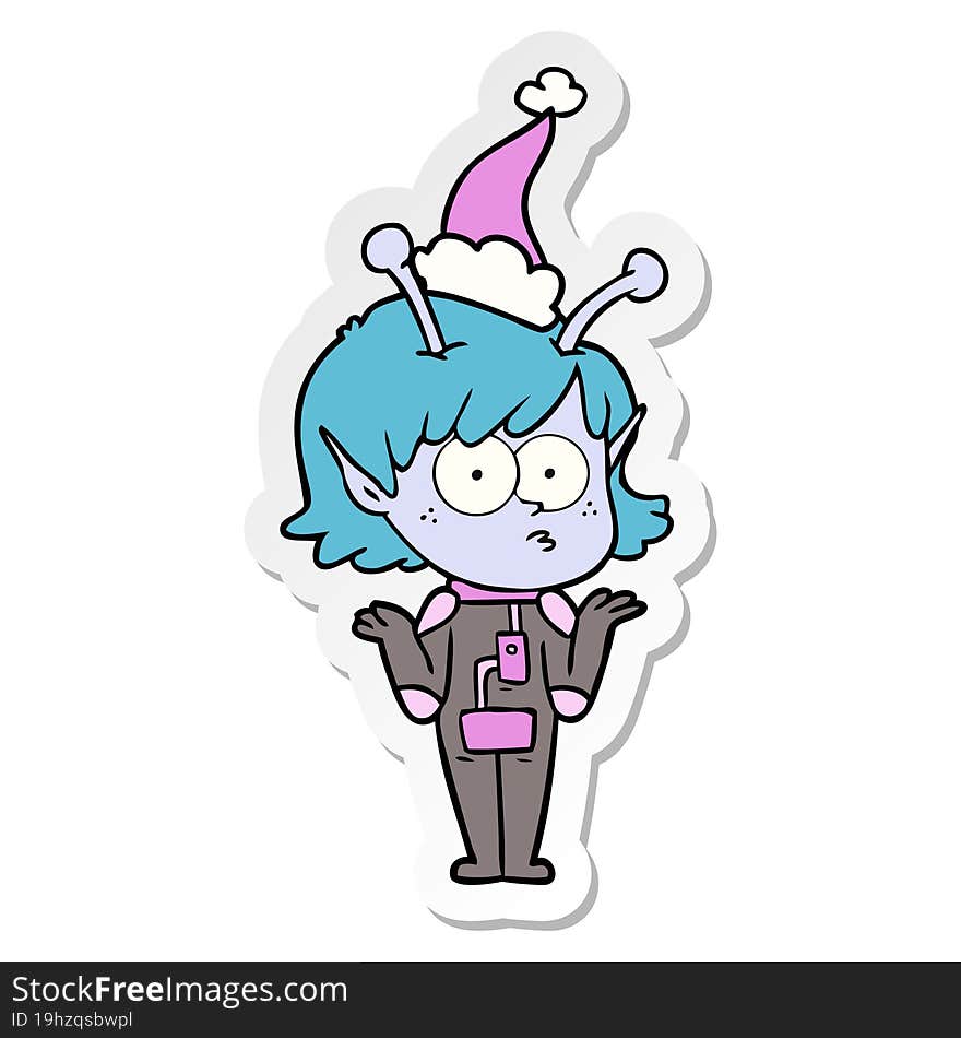 sticker cartoon of a alien girl wearing santa hat