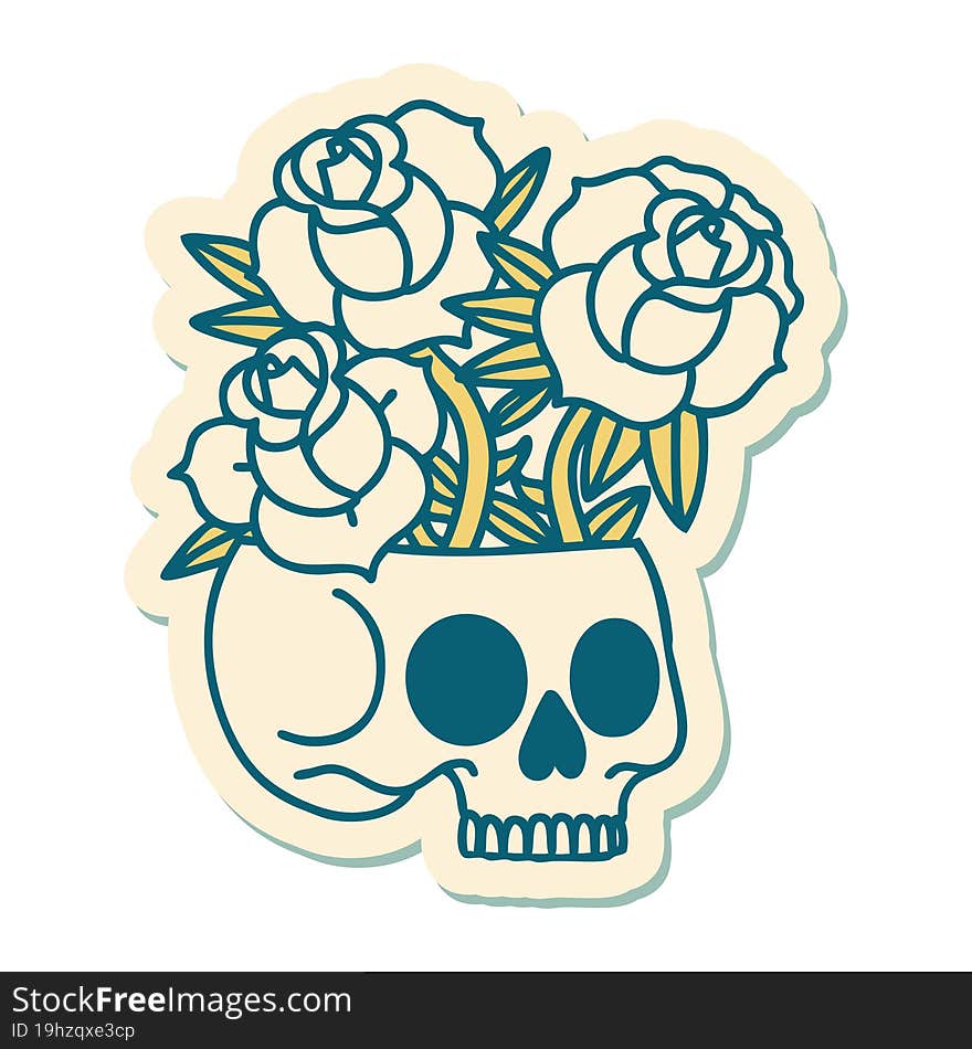 tattoo style sticker of a skull and roses