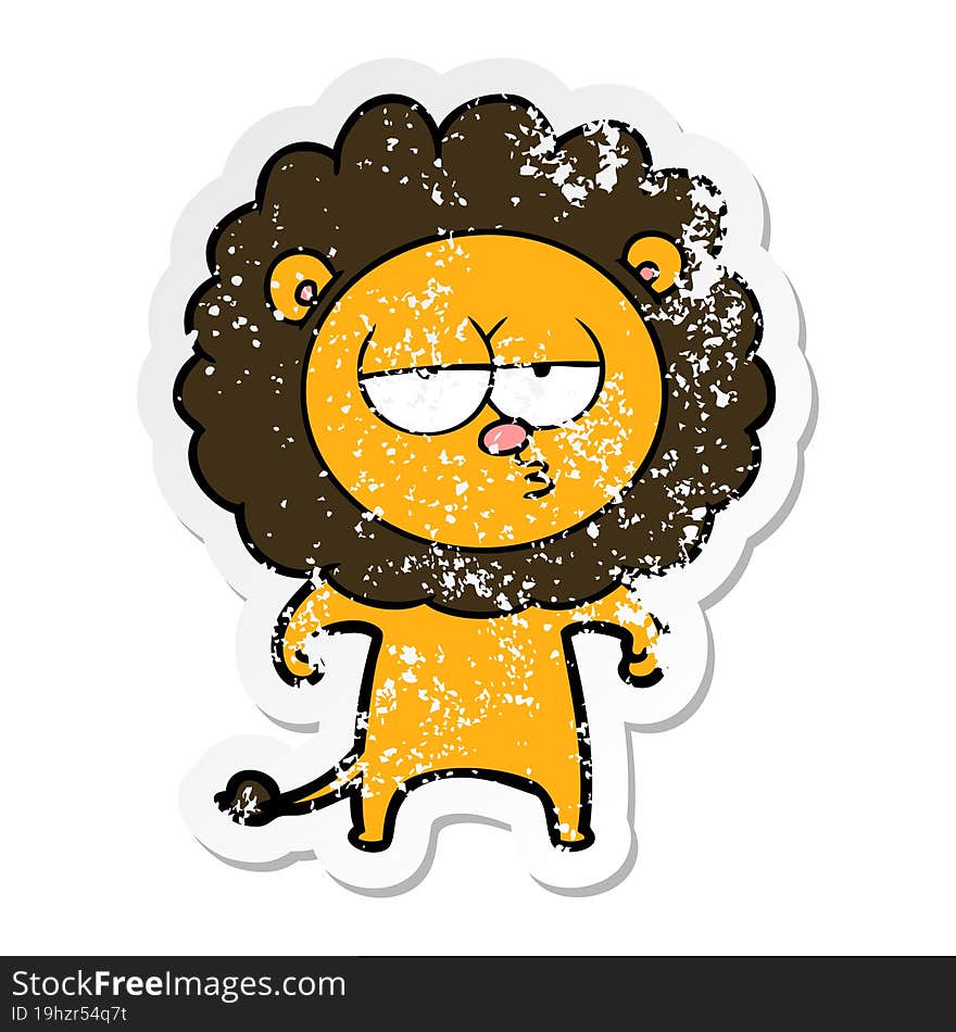 distressed sticker of a cartoon bored lion