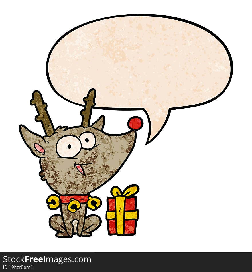 Cartoon Christmas Reindeer And Speech Bubble In Retro Texture Style