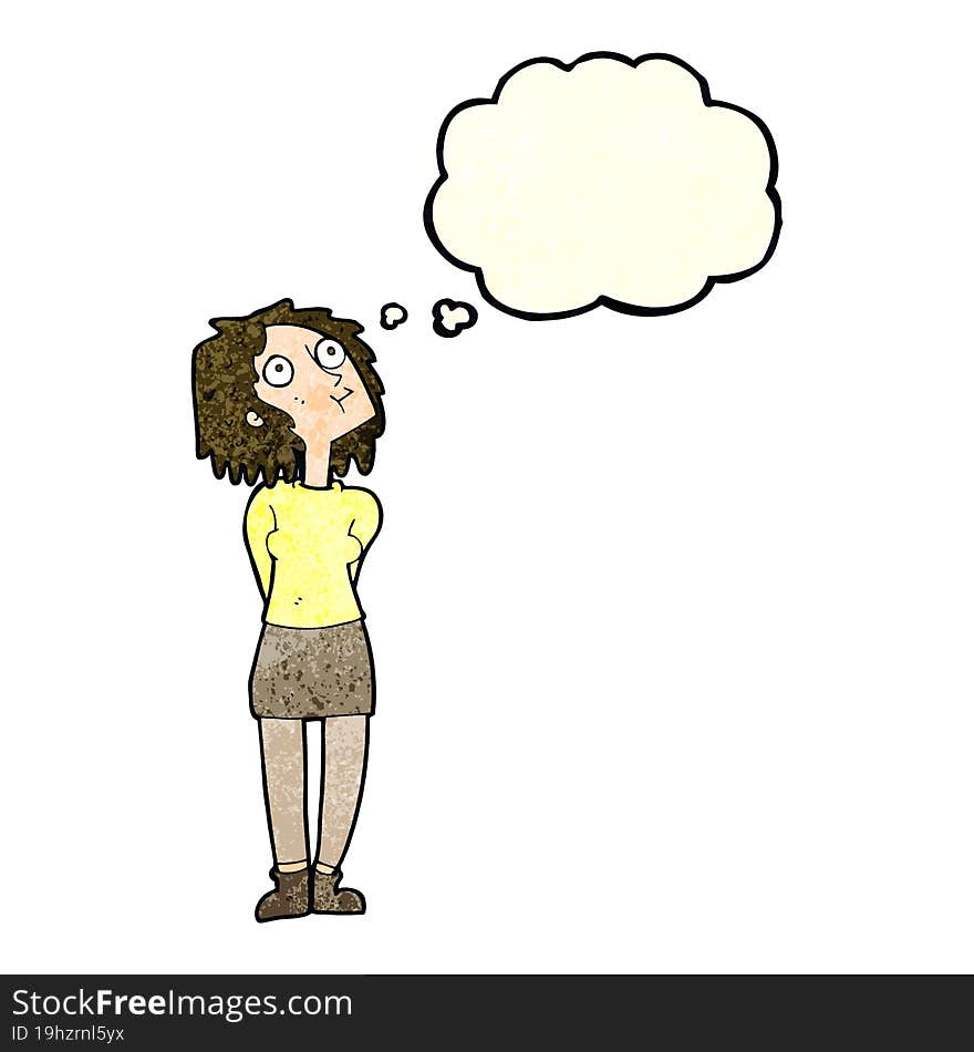 cartoon curious woman with thought bubble