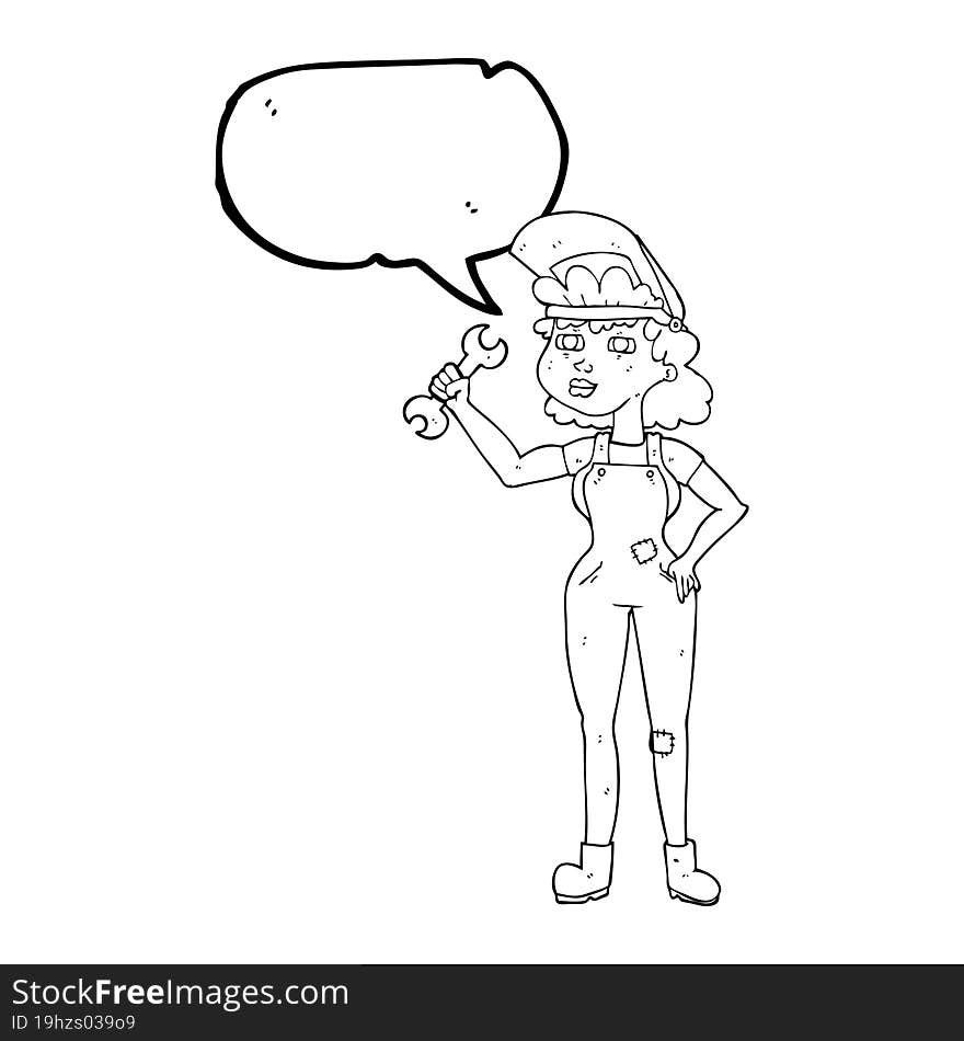 freehand drawn speech bubble cartoon woman with spanner