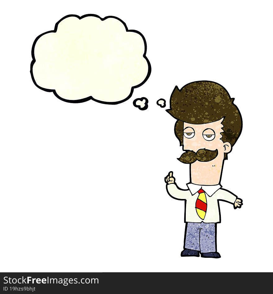 cartoon man with mustache explaining with thought bubble