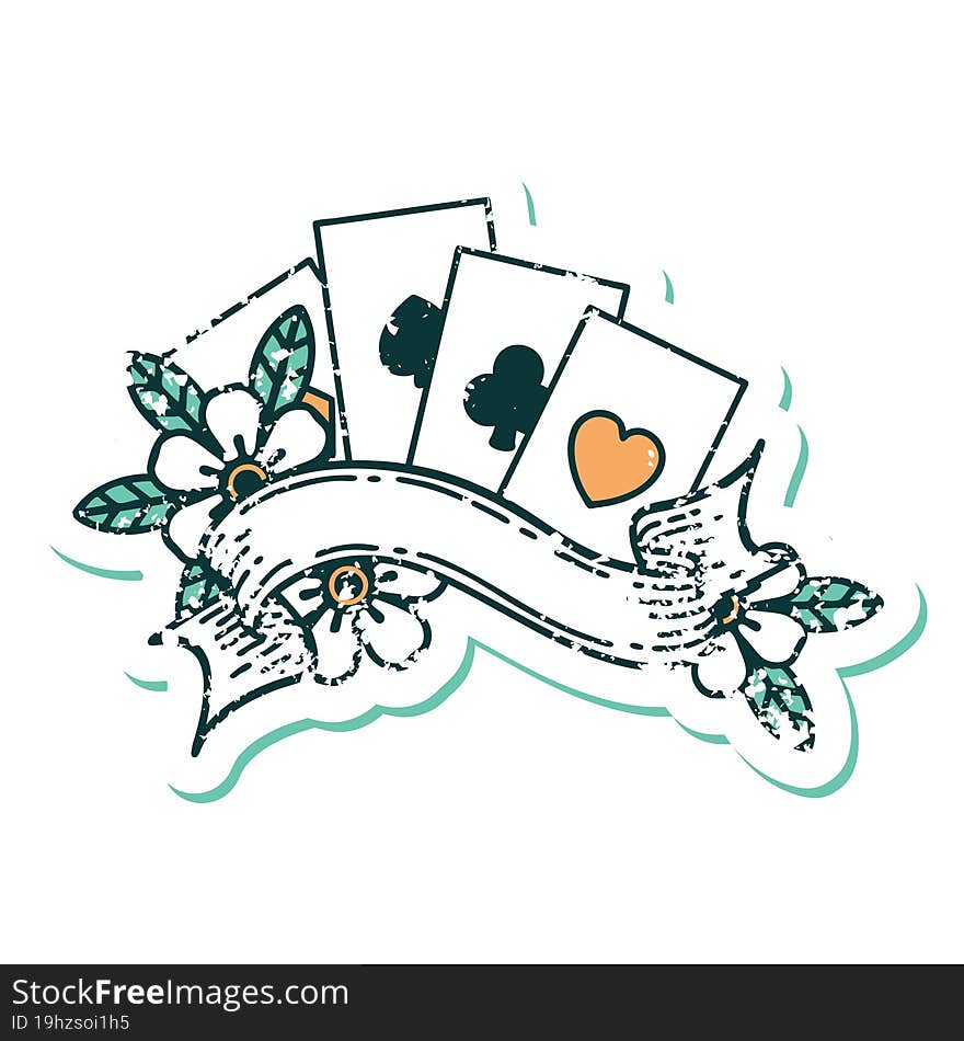 distressed sticker tattoo style icon of cards and banner