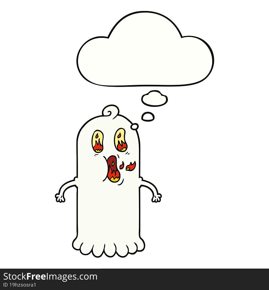 cartoon ghost with flaming eyes with thought bubble