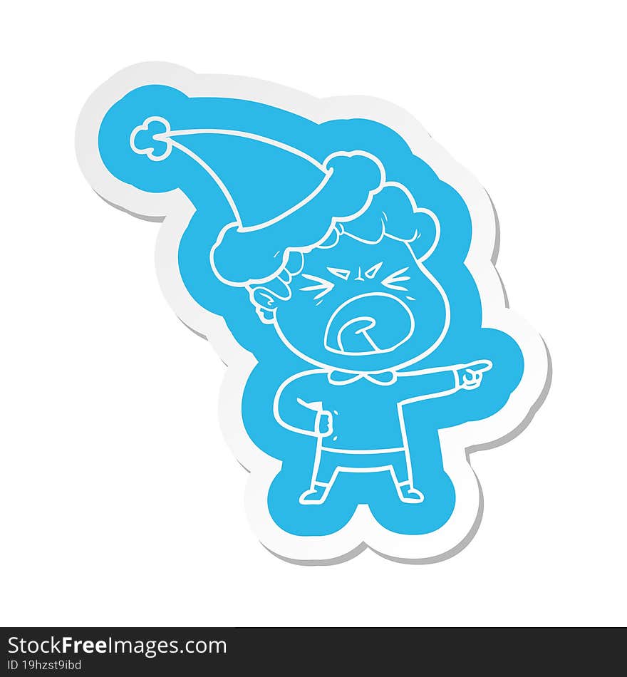 cartoon  sticker of a furious man wearing santa hat