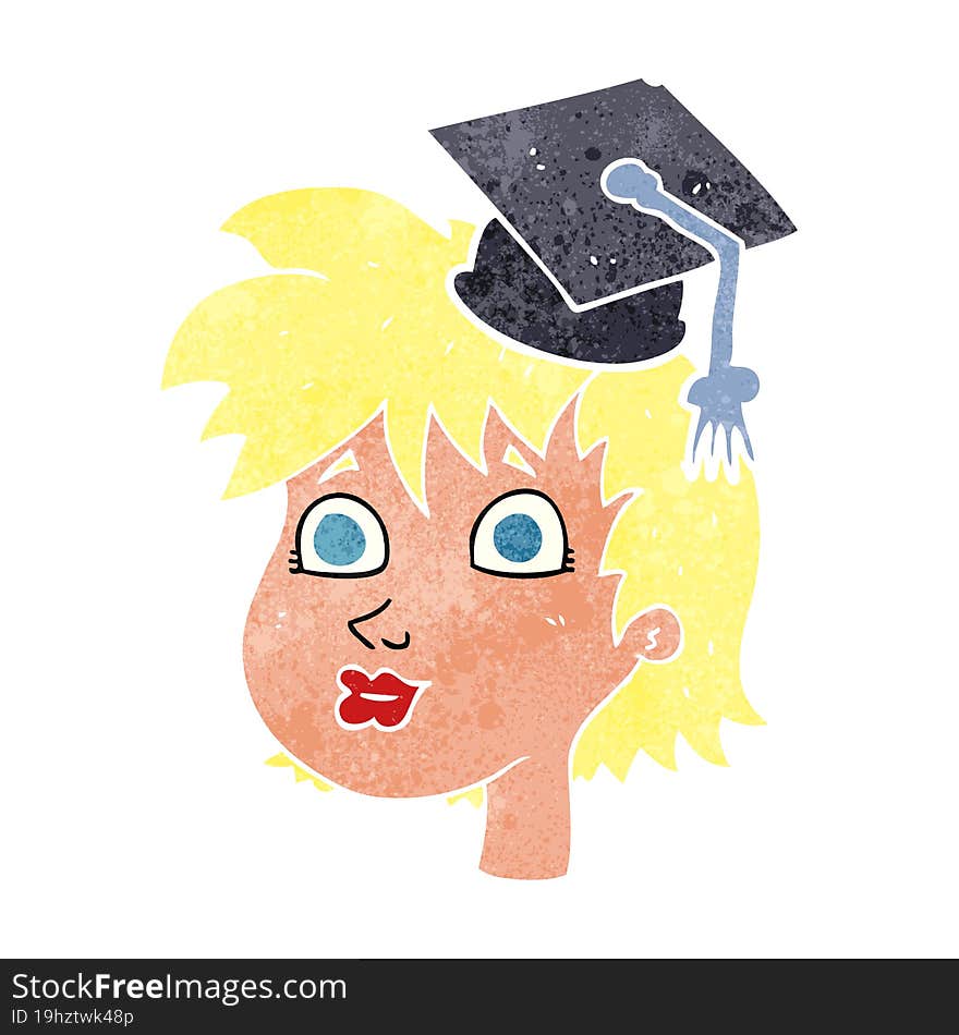 freehand retro cartoon woman wearing graduate cap. freehand retro cartoon woman wearing graduate cap