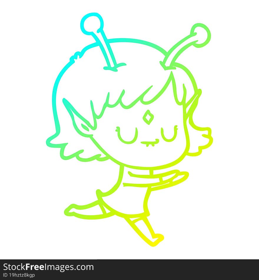 cold gradient line drawing of a cartoon alien girl