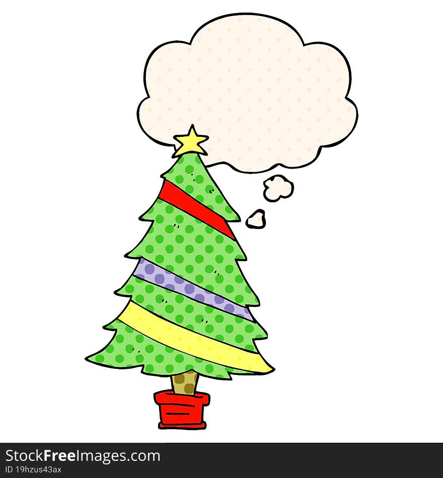 cartoon christmas tree and thought bubble in comic book style