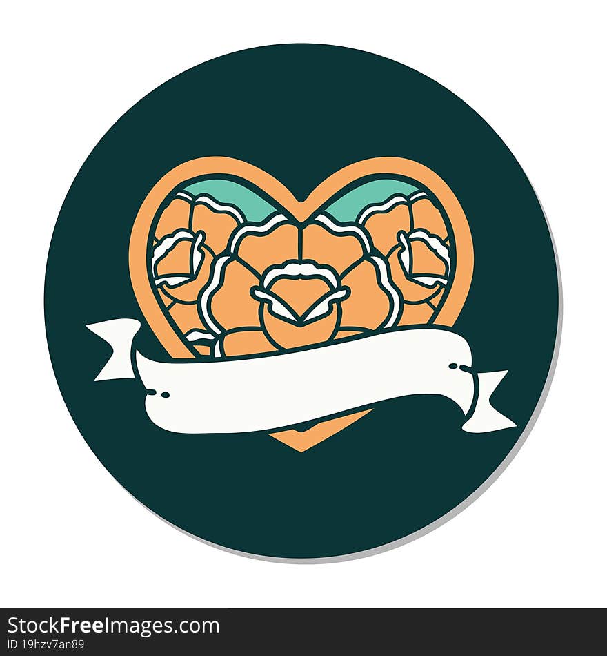 sticker of tattoo in traditional style of a heart and banner with flowers. sticker of tattoo in traditional style of a heart and banner with flowers