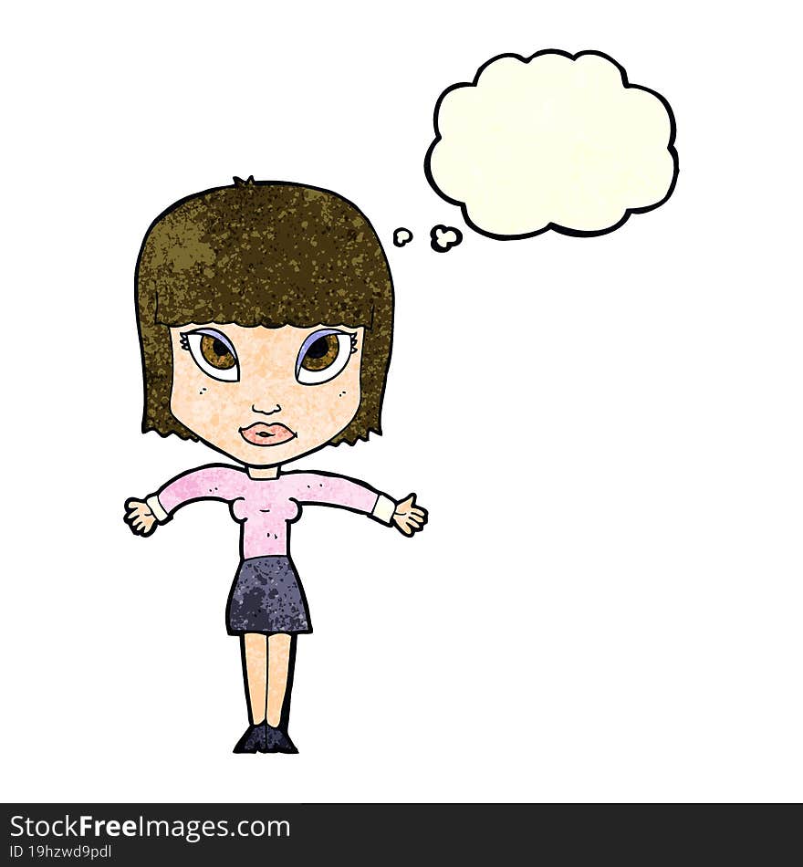 cartoon woman shrugging with thought bubble