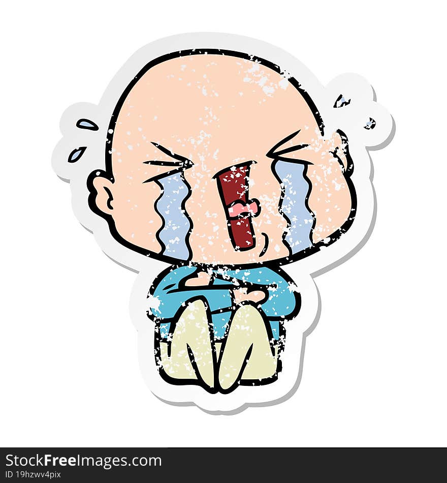 Distressed Sticker Of A Cartoon Crying Bald Man