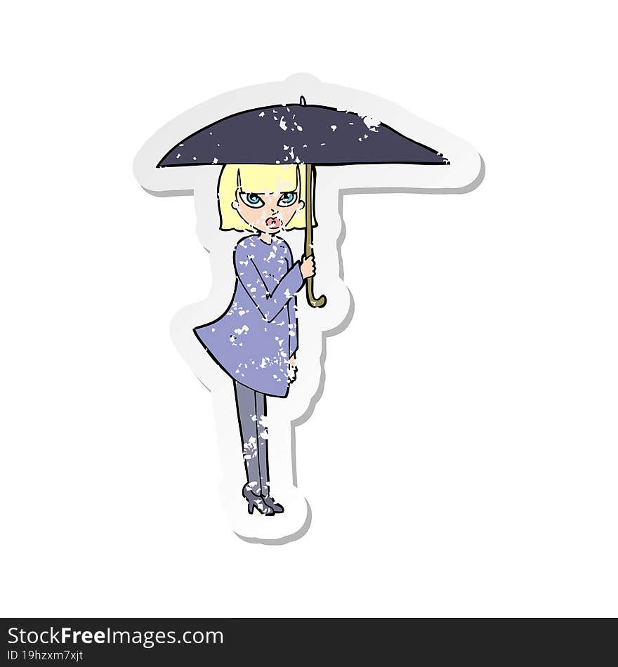 Retro Distressed Sticker Of A Cartoon Woman With Umbrella