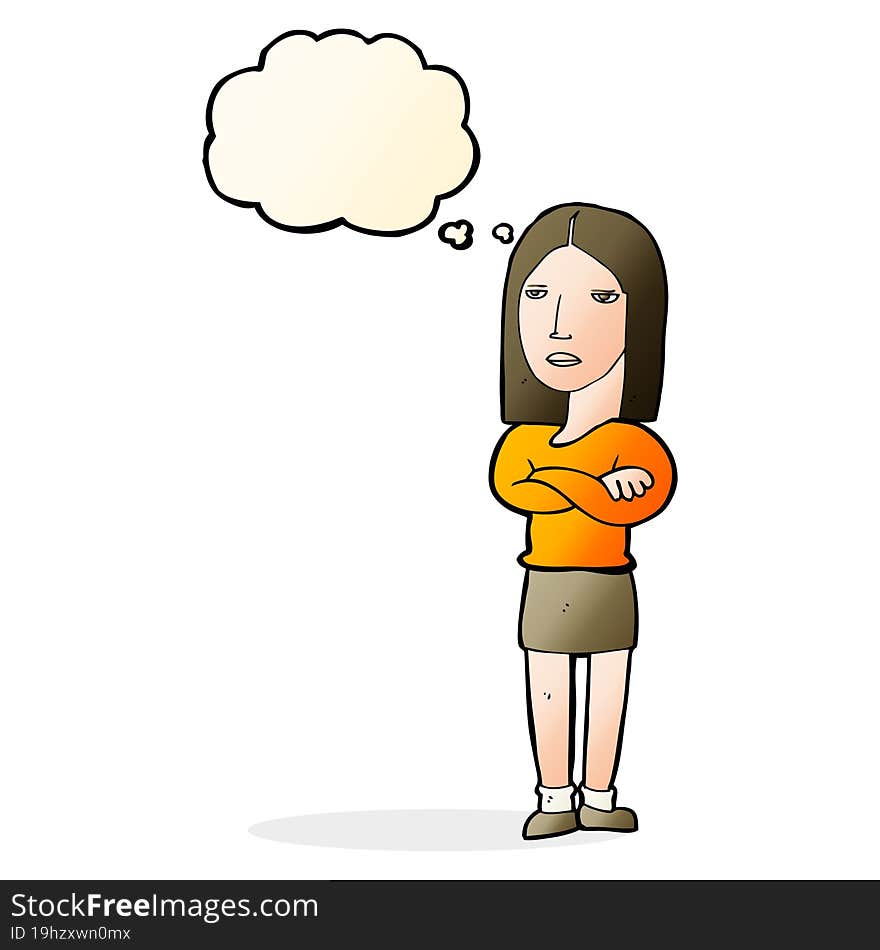 cartoon woman with folded arms with thought bubble