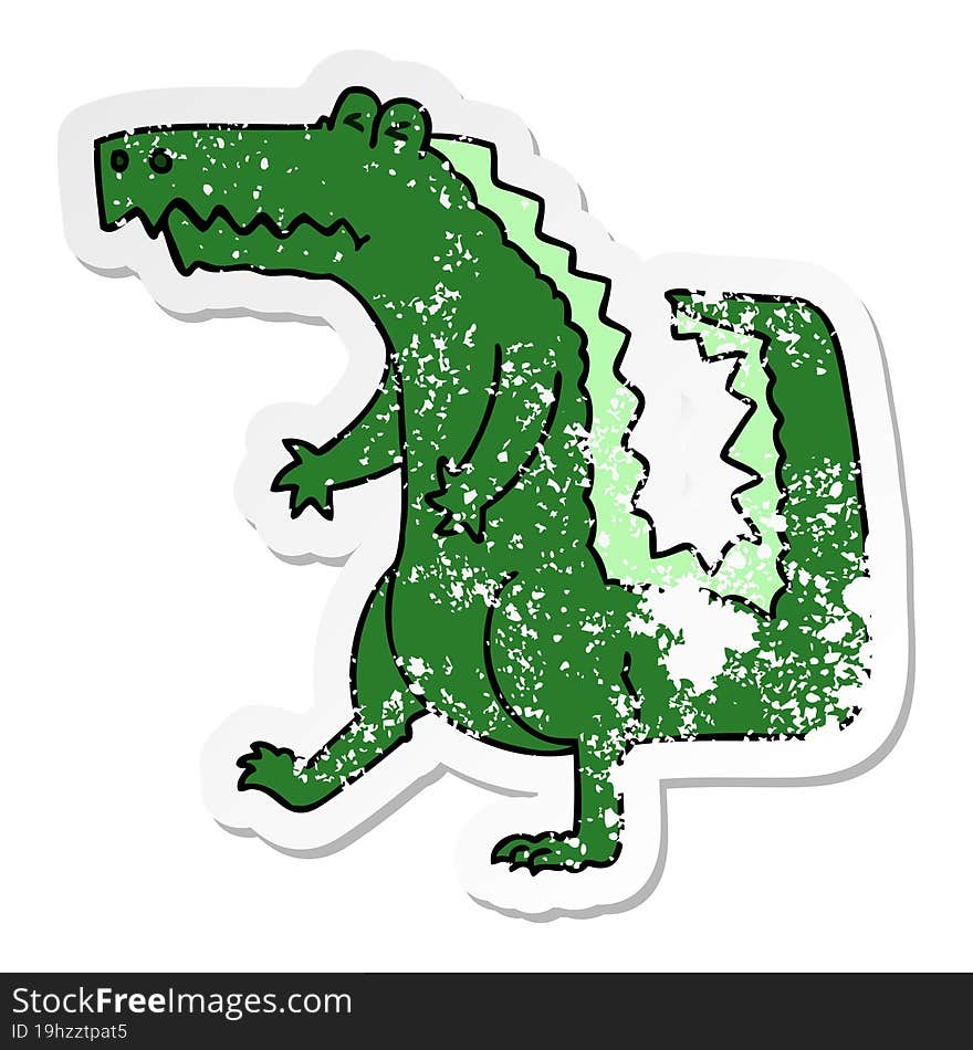 distressed sticker of a quirky hand drawn cartoon crocodile