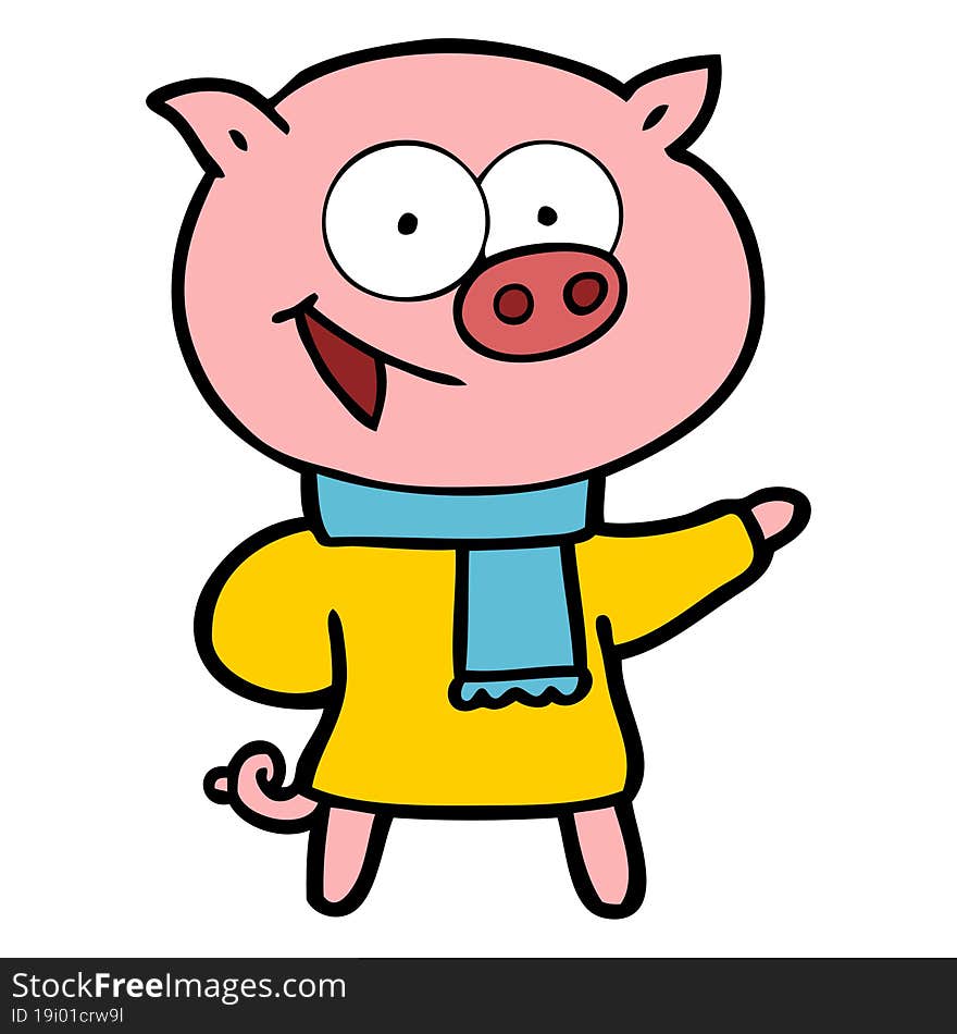 cheerful pig wearing winter clothes cartoon. cheerful pig wearing winter clothes cartoon