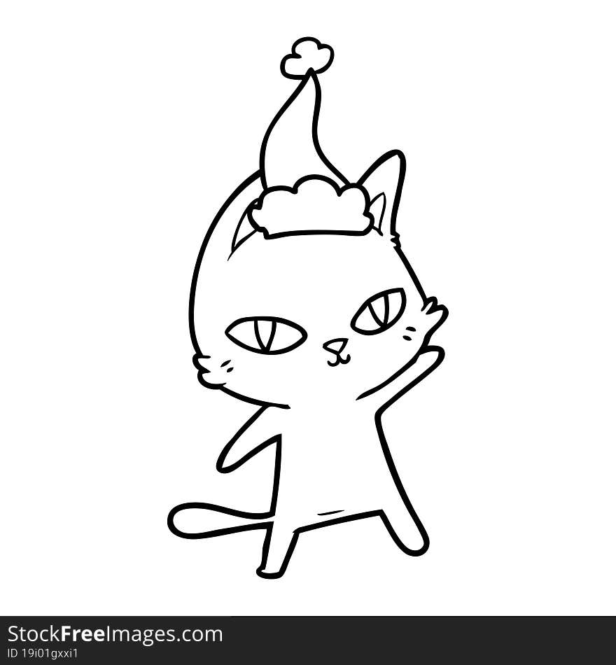 line drawing of a cat staring wearing santa hat