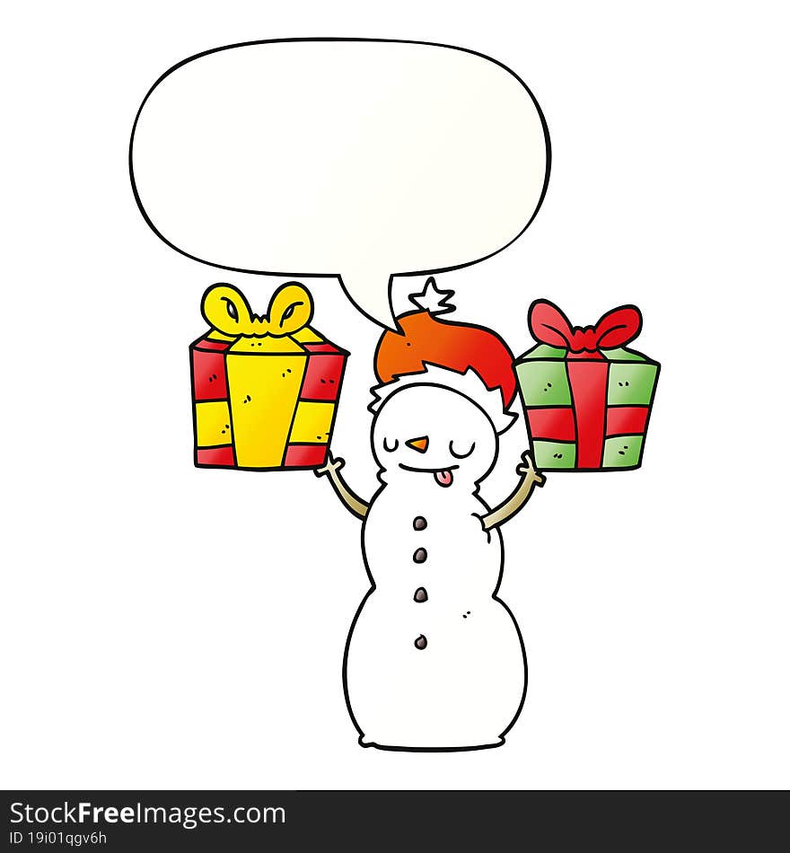 cartoon snowman and present and speech bubble in smooth gradient style