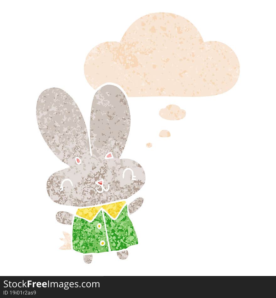 Cute Cartoon Tiny Rabbit And Thought Bubble In Retro Textured Style