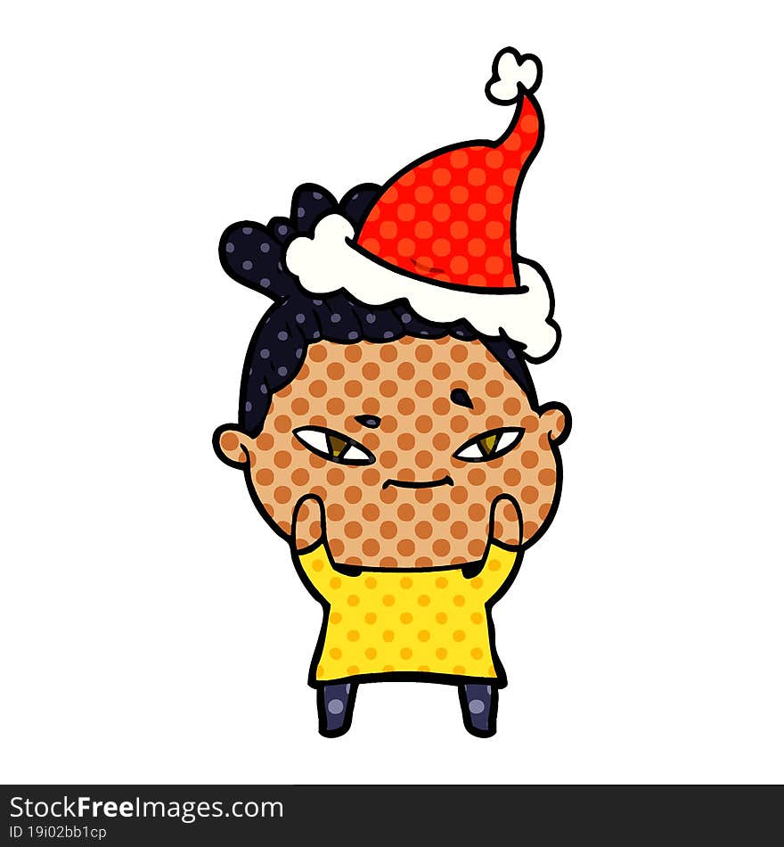 hand drawn comic book style illustration of a woman wearing santa hat