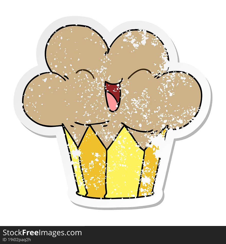 distressed sticker of a quirky hand drawn cartoon happy cupcake