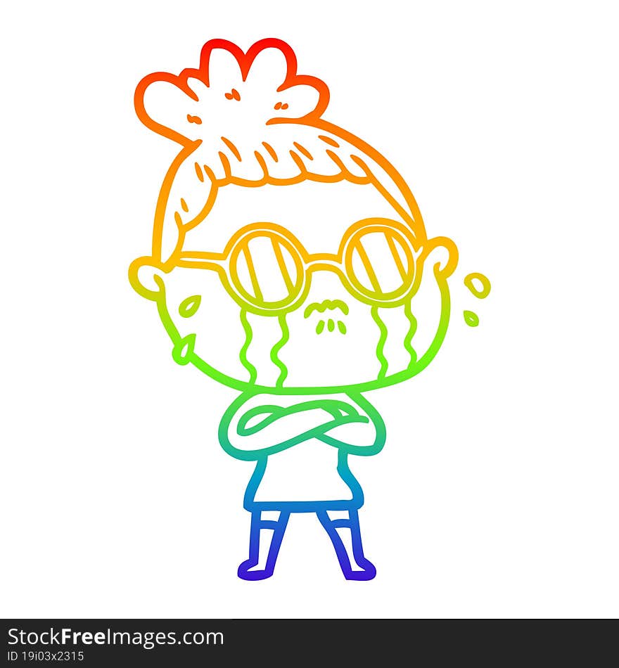 rainbow gradient line drawing cartoon crying woman wearing spectacles