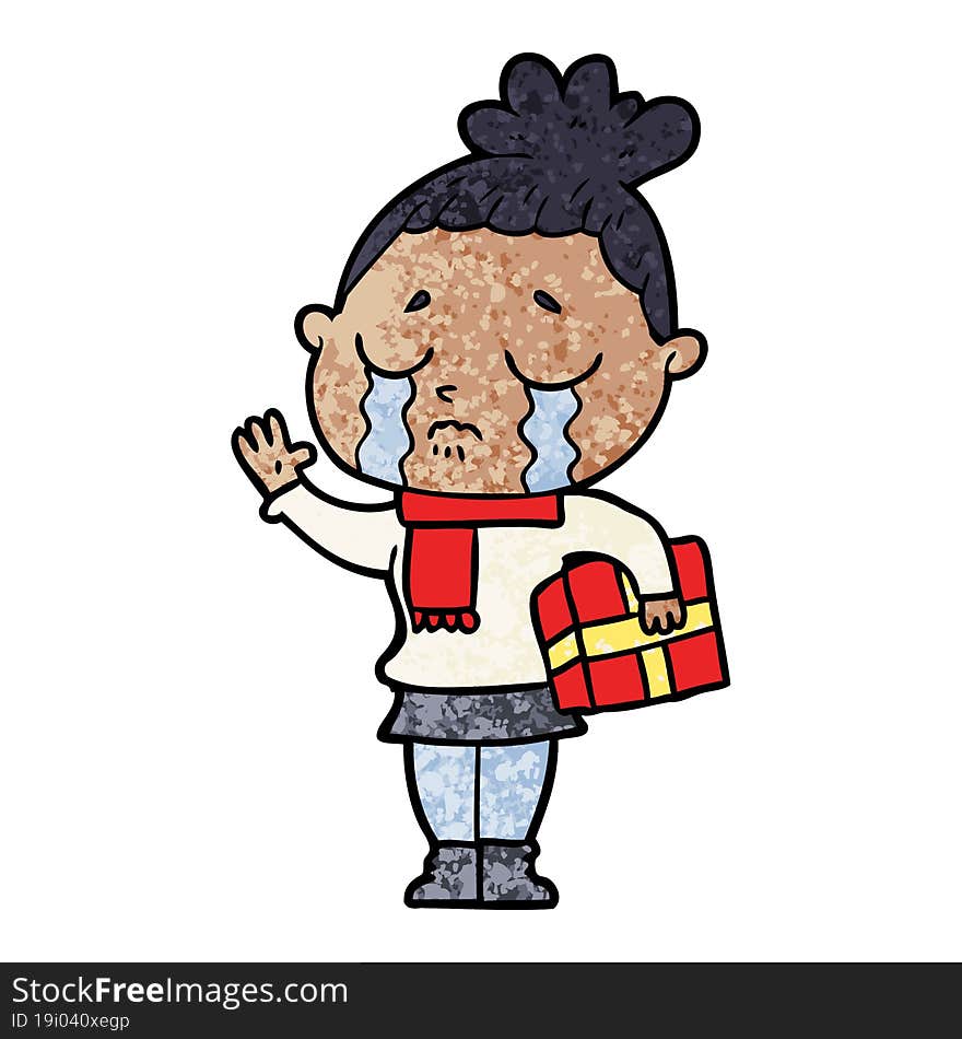 cartoon crying woman with christmas gift. cartoon crying woman with christmas gift