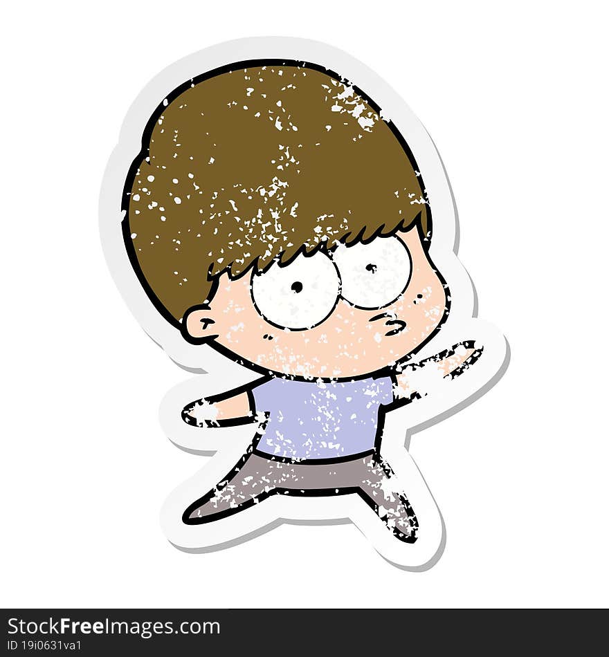 distressed sticker of a nervous cartoon boy